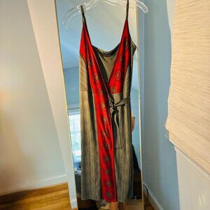 BCBGMaxAzria Red and Green Y2K Boho Hippie Wrap Sundress